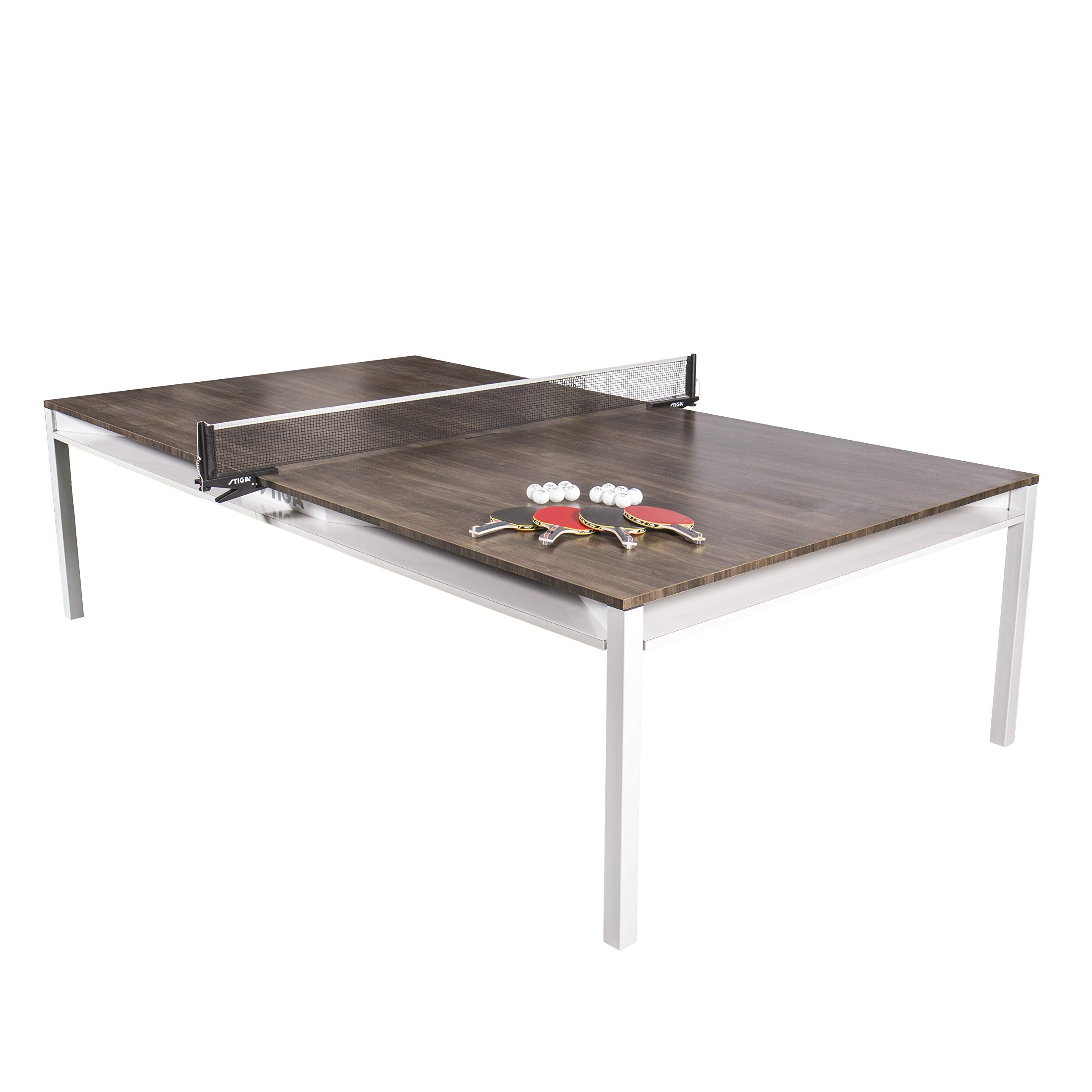 STIGA 3-in-1 Dining, Conference and Hybrid Table Tennis Table – White Base with Walnut Finished Top
