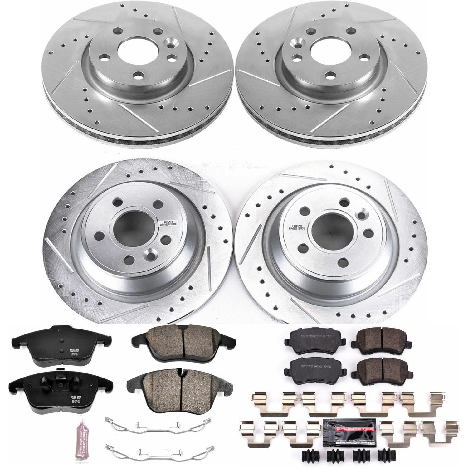 Power Stop K6276 Z23 Carbon Fiber Brake Pads Front and Rear with Drilled & Slotted Brake Rotors Kit For Land Rover Range Rover Evoque 2012-2015 [Model Specific]