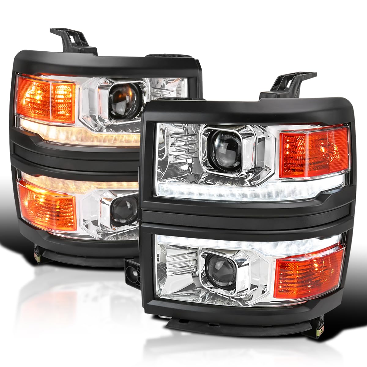 Chrome w/Black Trim SPEC-D TUNING Projector Headlights w/Sequential Switchback LED Strip and Startup Animation Compatible with 2014-2015 Chevy Silverado 1500, Left + Right Pair Headlamps Assembly