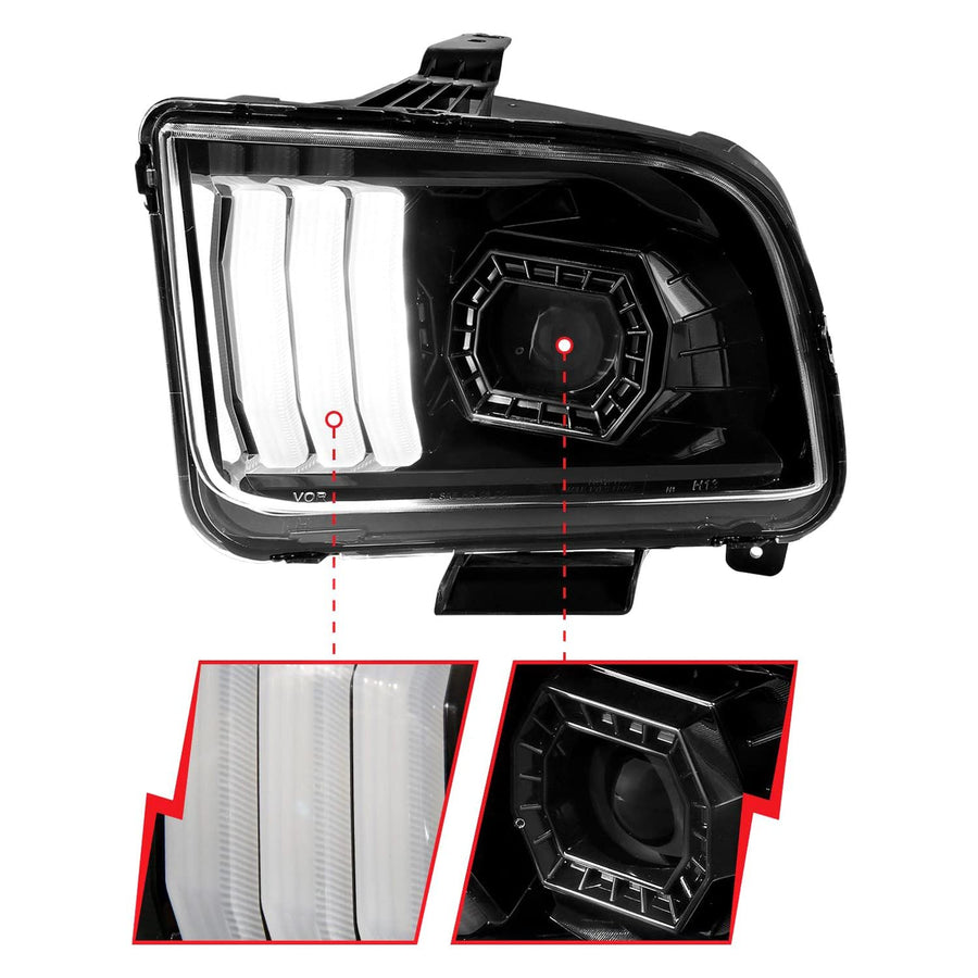 05-09 Ford Mustang ANZO (w/Factory Halogen HL Only) Projector Headlights w/Light Bar Black Housing (121566)