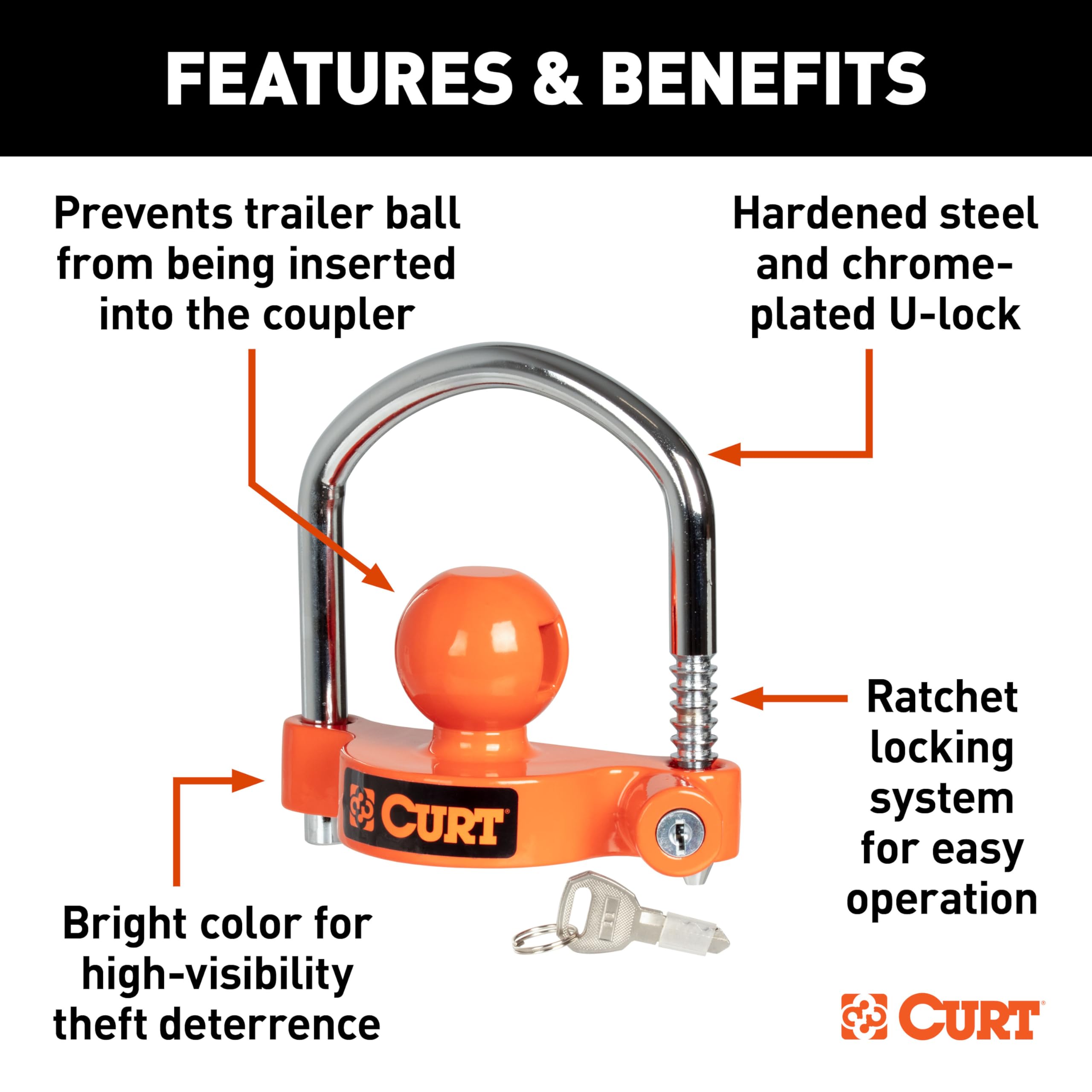 CURT Universal Trailer Coupler Lock 23090-KA, Bright Orange, Fits Couplers with 1-7/8", 2" or 2-5/16" Ball Diameter, Keyed Alike