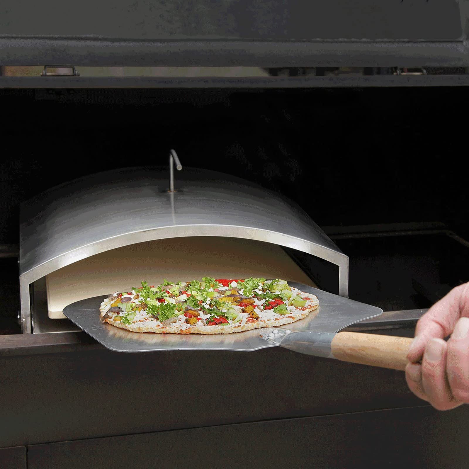 Green Mountain Grills Steel Wood-Fired Pizza Oven Attachment Accessory for Daniel Boone/Jim Bowie Model Grills with Square Pizza Stone, Silver