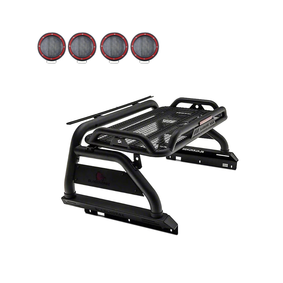 Atlas Black Horse Roll Bar Incl. Set of 5.3" Dia.LED Lights w/Red Trim Rings Compatible with 2005-2024 Toyota Tacoma-ATRB6BK-PLFR