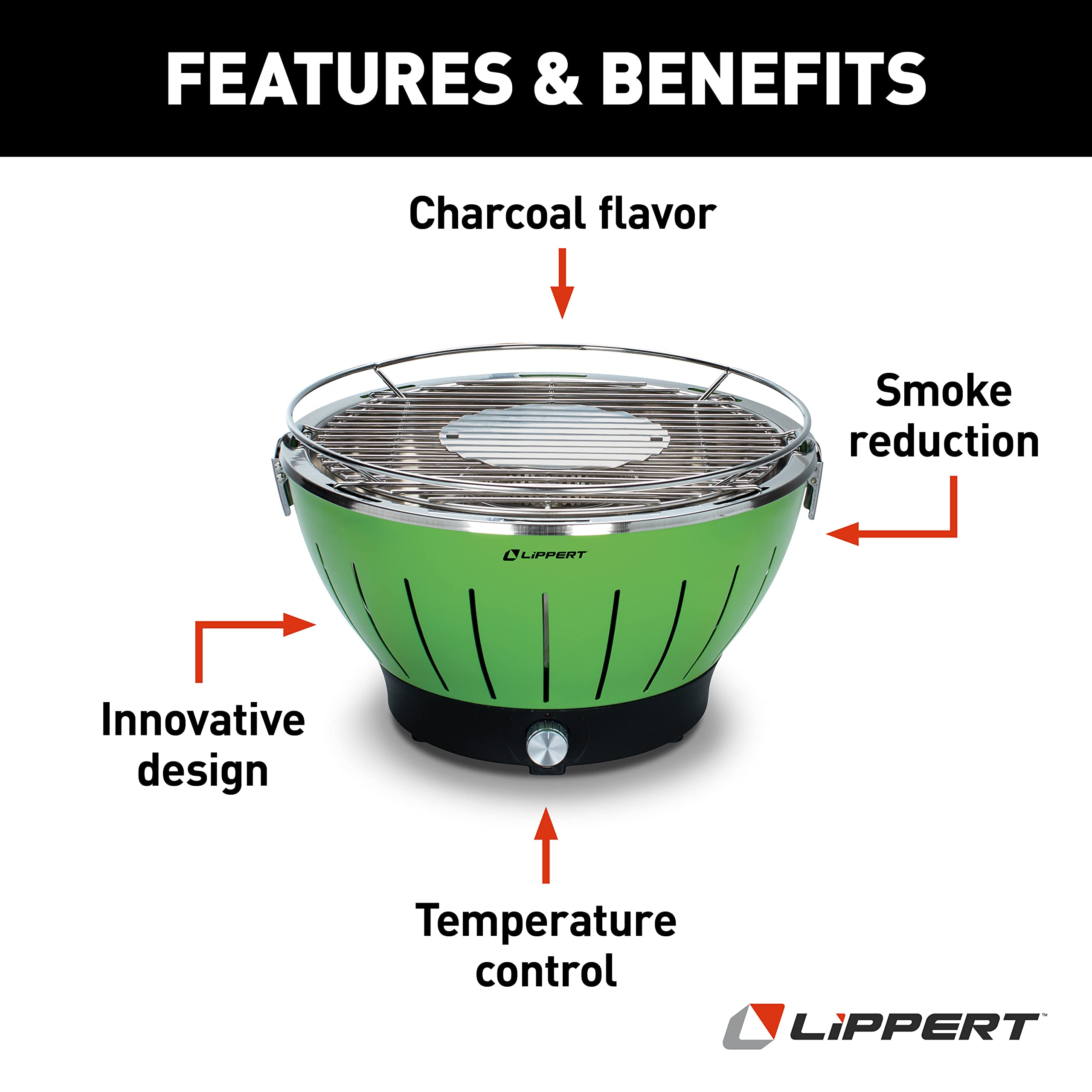 Lippert Portable Grill Odyssey - Compact and Versatile Charcoal Grill for Camping, Tailgating, and Outdoor Cooking - Lightweight and Durable Design with Large Cooking Surface - Green