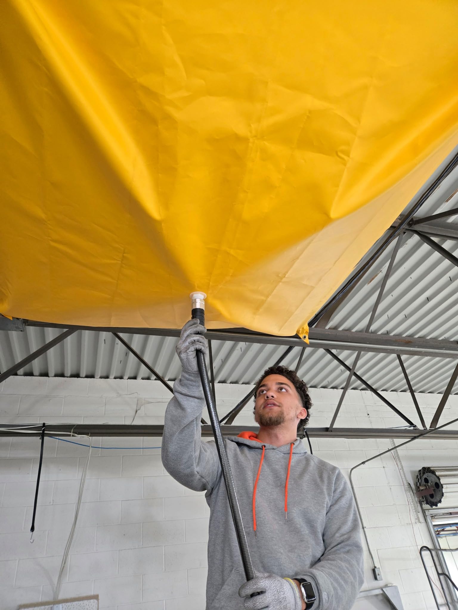 Justrite Leak Diverter Ceiling Tarp with Hose Connection and Corner Magnets, 7' x 7' Puncture-Resistant and Watertight PVC-Coated Fabric, for Temporary Leak Fix, Made in The USA, Yellow, 28306