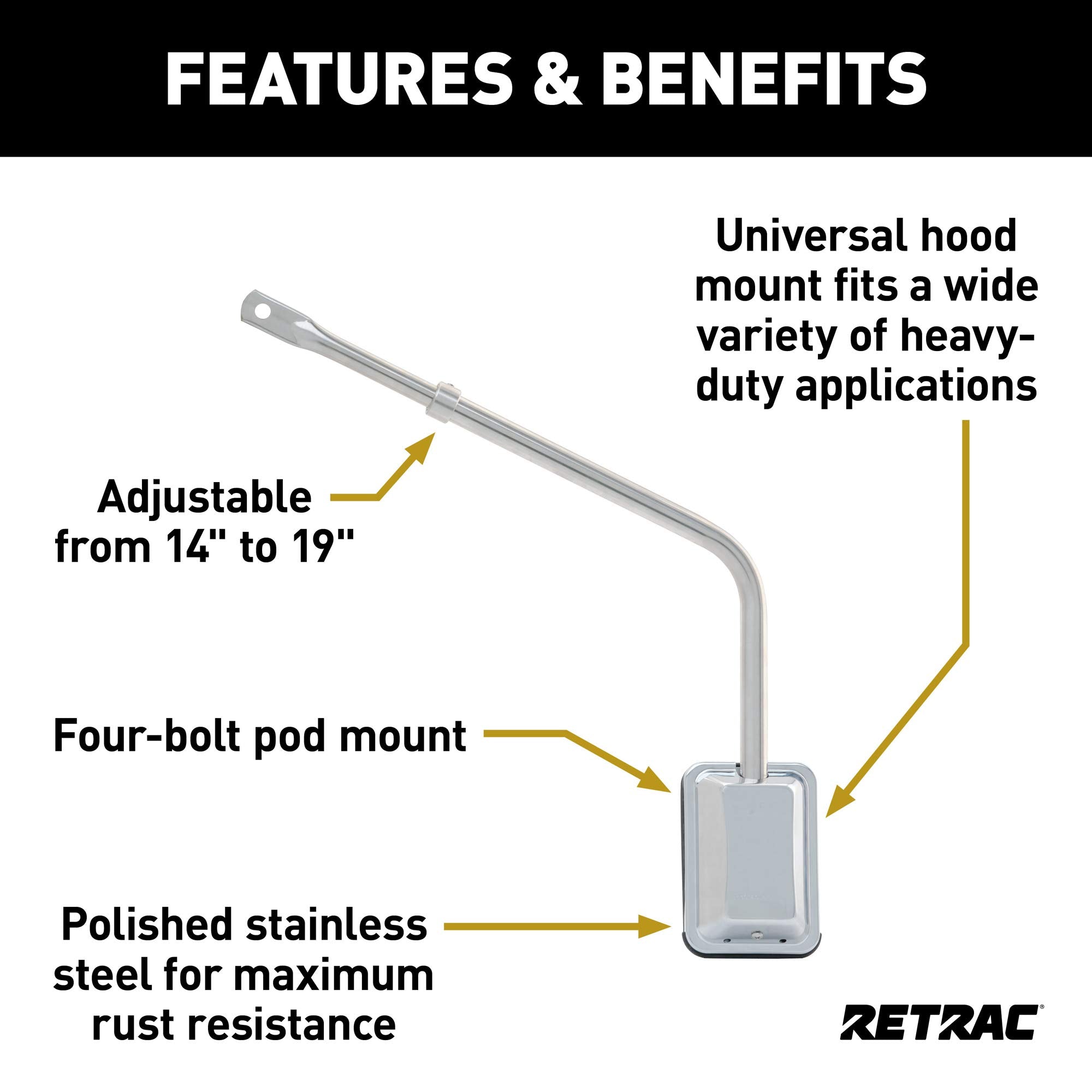 Hood-Mount RETRAC 604696 Stainless Steel Safety Mirror Mounting Assembly, 14 to 19-Inch Adjustment, Universal Driver or Passenger Side