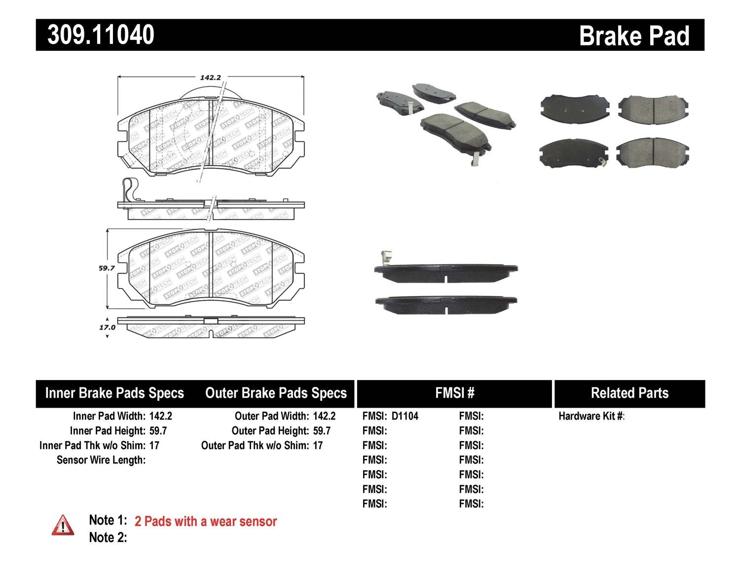 Sport Brake Pads StopTech 309.11040 with Shims and Hardware