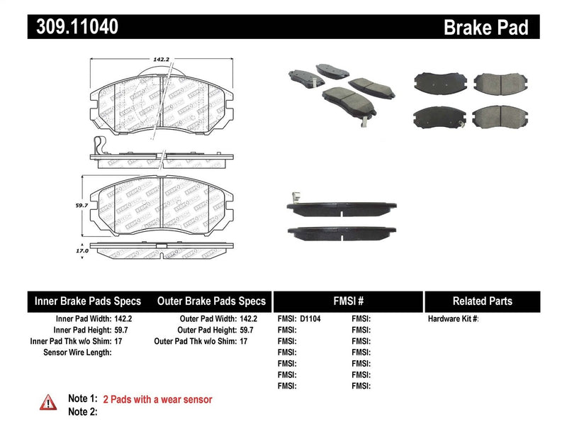 Sport Brake Pads StopTech 309.11040 with Shims and Hardware