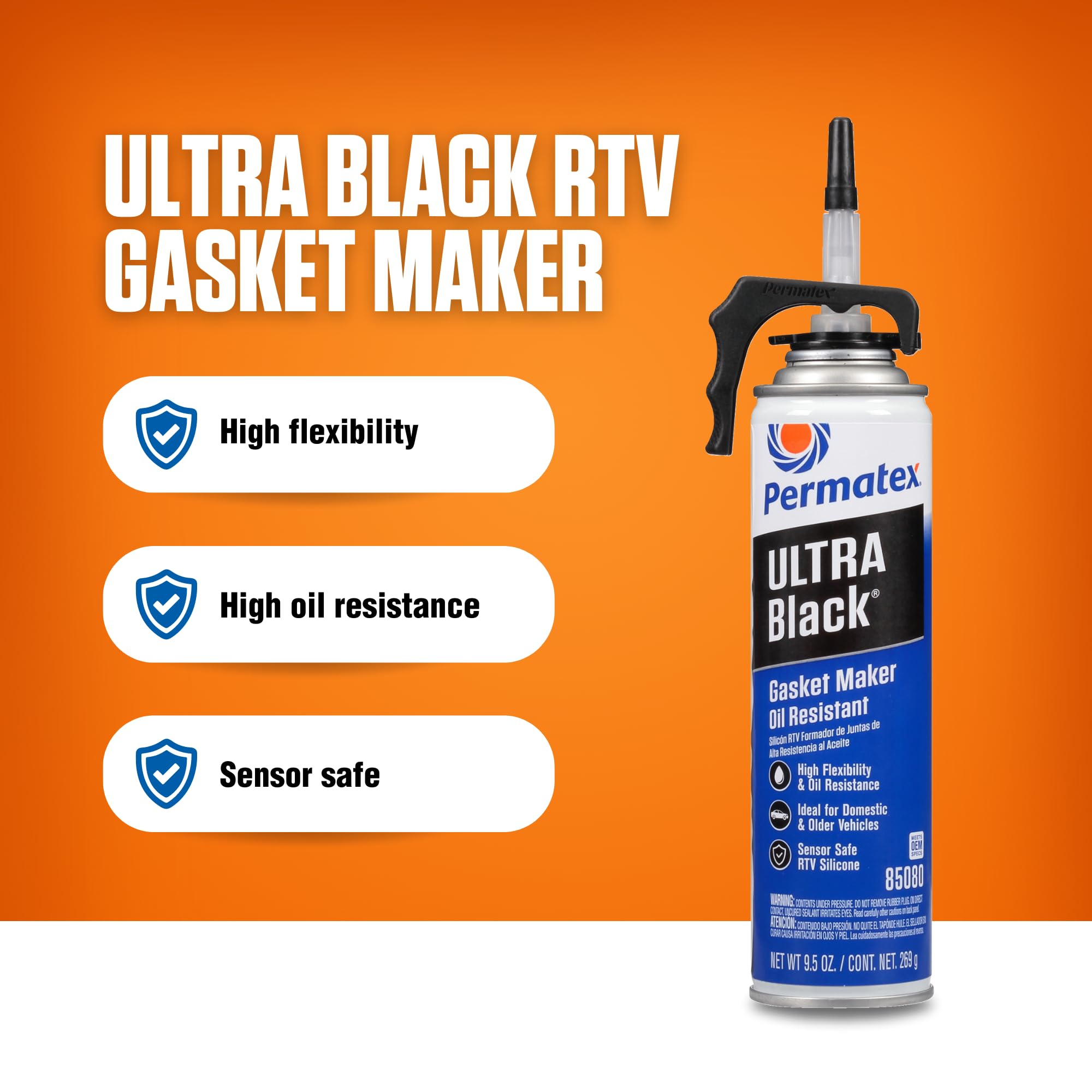 Ultra Black Permatex 85080 Maximum Oil Resistance RTV Silicone Gasket Maker, Sensor Safe And Non-Corrosive, For High Flex And Oil Resistant Applications 9.5 oz