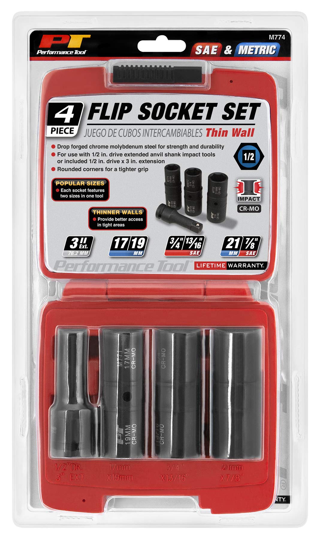 M774 Performance Tool 1/2-Inch Drive Flip Socket Set - 4-Piece Metric & SAE Kit with Thin Wall Design for Lug Nuts, Wheel Bolts & More