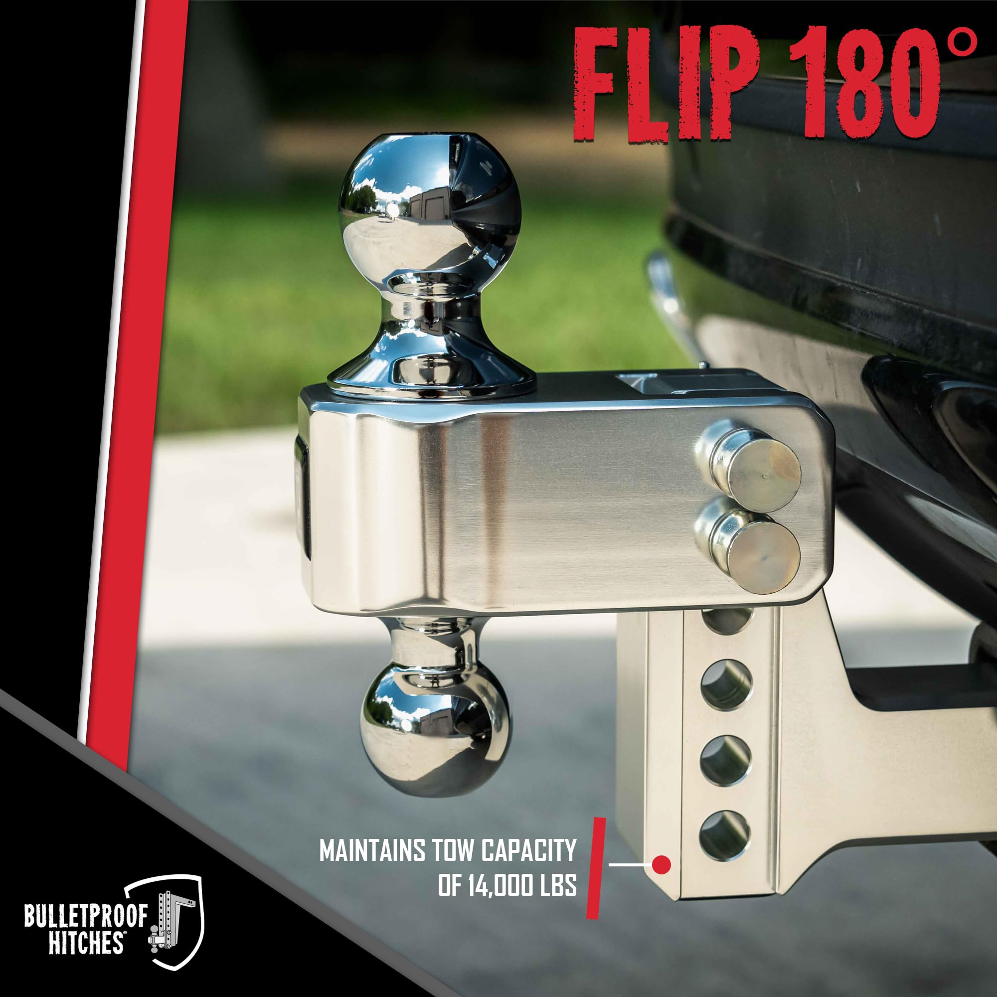 2.0" BulletProof Hitches Aluminum Trailer Hitch (14,000 lb. Rating) - Adjustable Hitch with 2" Drop/Rise and 2" & 2-5/16" Dual Ball - Corrosion-Resistant Tow Hitch