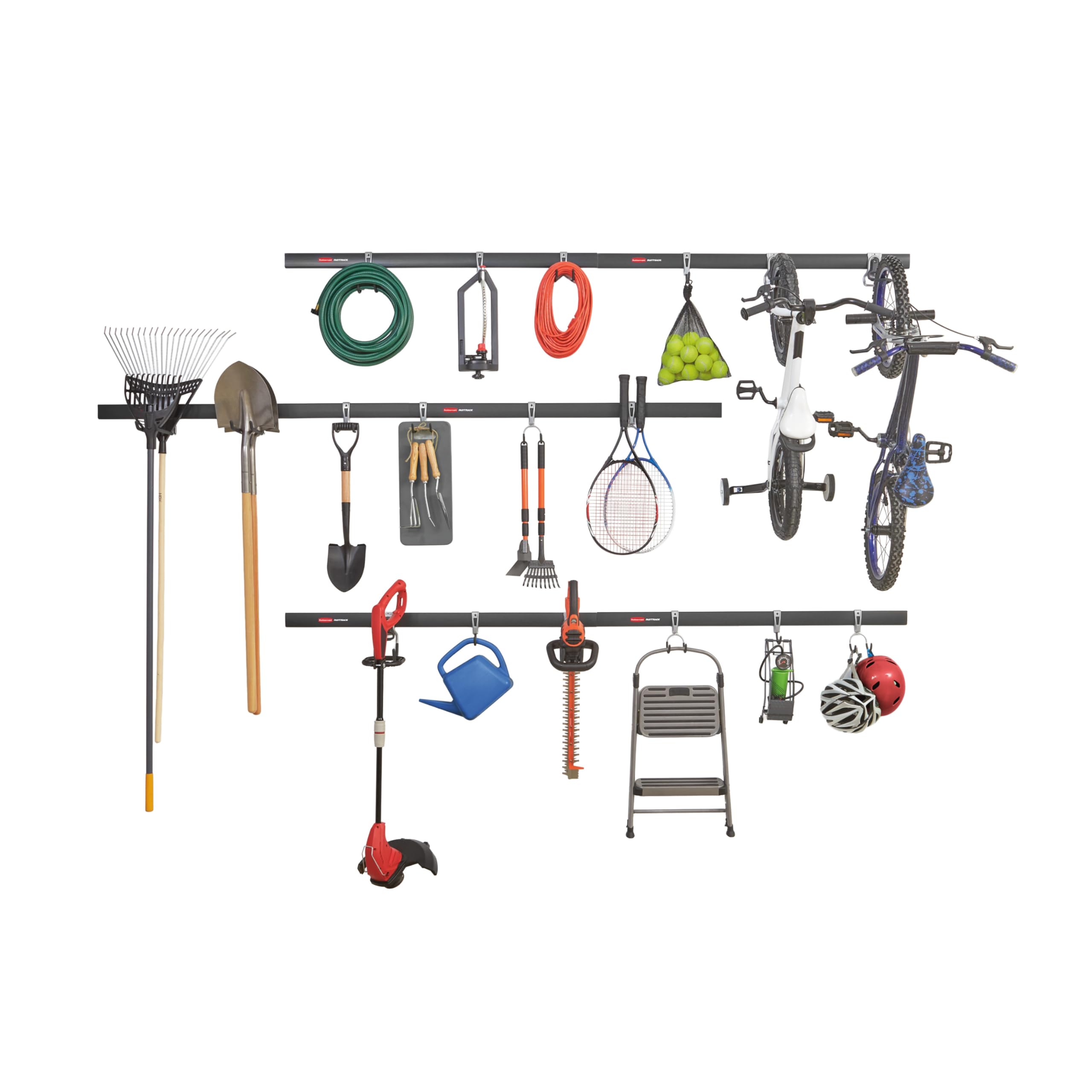24-Piece Rubbermaid FastTrack Garage Wall-Mounted Storage Kit, 6 Rails and 18 Hooks, Black, for Home/House/Tool/Sports/Equipment/Utility Purposes