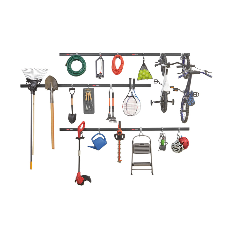 24-Piece Rubbermaid FastTrack Garage Wall-Mounted Storage Kit, 6 Rails and 18 Hooks, Black, for Home/House/Tool/Sports/Equipment/Utility Purposes
