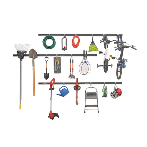 24-Piece Rubbermaid FastTrack Garage Wall-Mounted Storage Kit, 6 Rails and 18 Hooks, Black, for Home/House/Tool/Sports/Equipment/Utility Purposes
