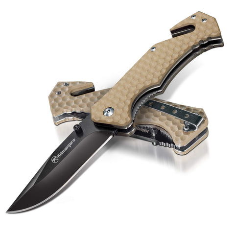Kilimanjaro Folding Knife UTAC, Drop Pt. Black Satin Blade, Tan, One Size