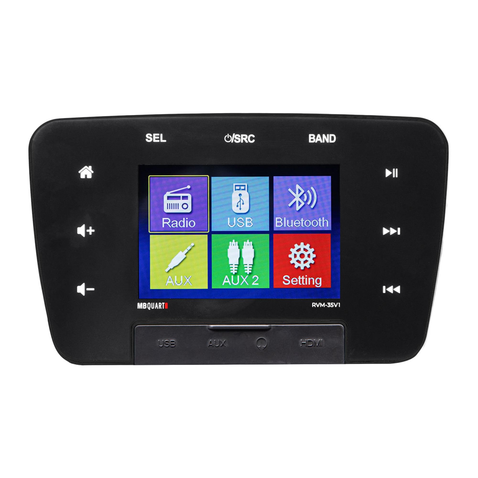 RVM-35V1 MB Quart 160W 3.5" Touchscreen Mechless Multimedia Bluetooth Source Unit w/Multi-Zone Audio, USB, AM/FM Radio & Camera Input for RVs & Cars