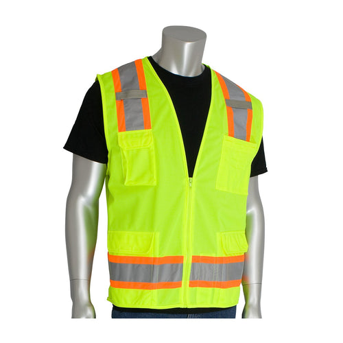 PIP Two-Tone 302-0500-ORG/M Class 2 Six Pocket Surveyors Vest with Solid Front and Mesh Back