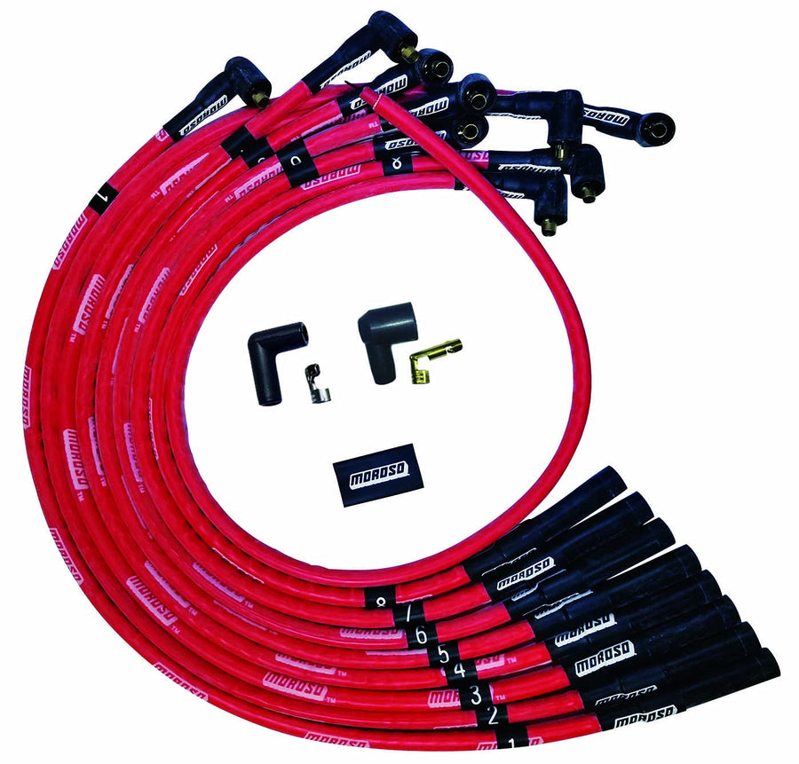 Moroso Ultra Series Red Sleeved Spark Plug Wires, Big Block Chevy, Routing Over Valve Cover, Straight Plug Ends, Non HEI Distirbutor