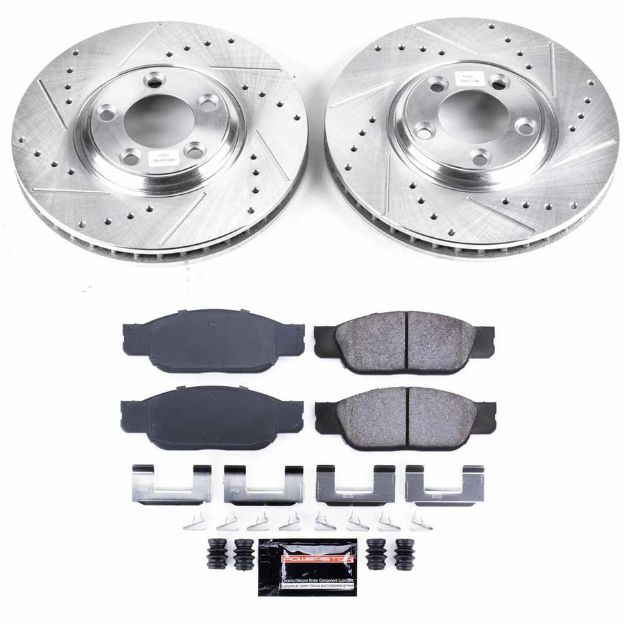 Power Stop K1351 Z23 Carbon Fiber Brake Pads with Drilled & Slotted Brake Rotors Kit For Ford Thunderbird 2002-2005, Jaguar S-Type 2000-2002, Lincoln LS 2000-2006 [Model Specific]