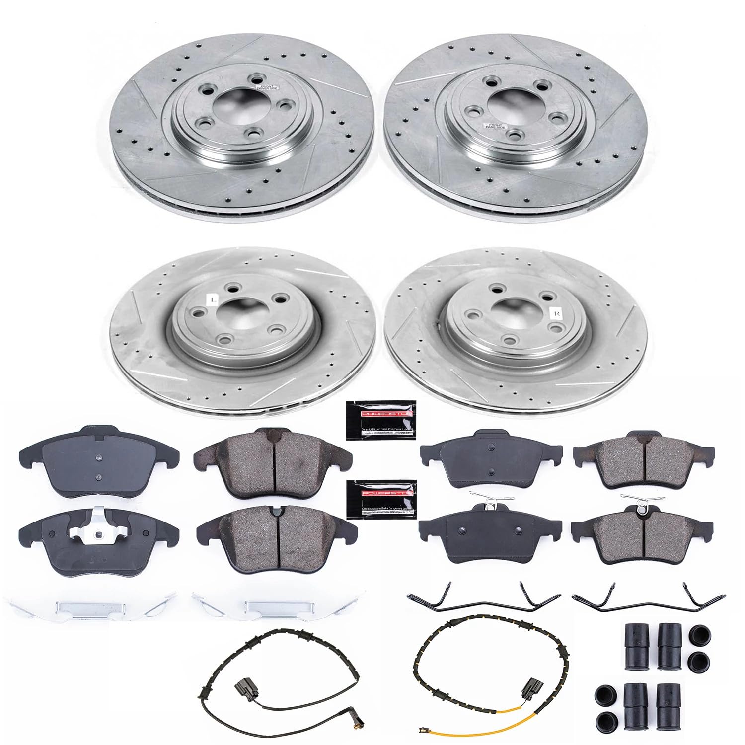 Power Stop K7592 Z23 Carbon Fiber Brake Pads Front and Rear with Drilled & Slotted Brake Rotors Kit For Jaguar XF 2013-2015 [Model Specific]