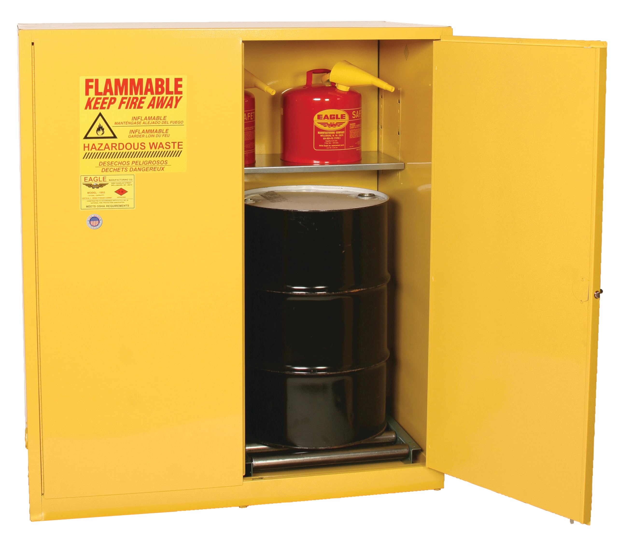 110 Gallon Eagle Haz-Mat Safety Cabinet, Two Drum Vertical, 1 Shelf, 2 Door Manual Close, Yellow, HAZ1955X