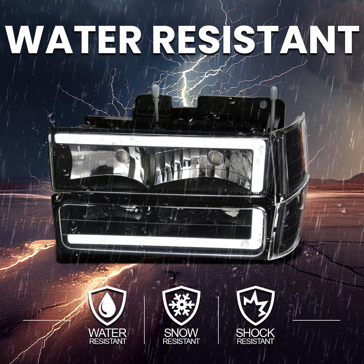 Black Headlights + Corner Lights + Bumper Lights w/LED Tube SPEC-D TUNING Compatible with 1994-1998 Chevy C10 C/K Tahoe Suburban