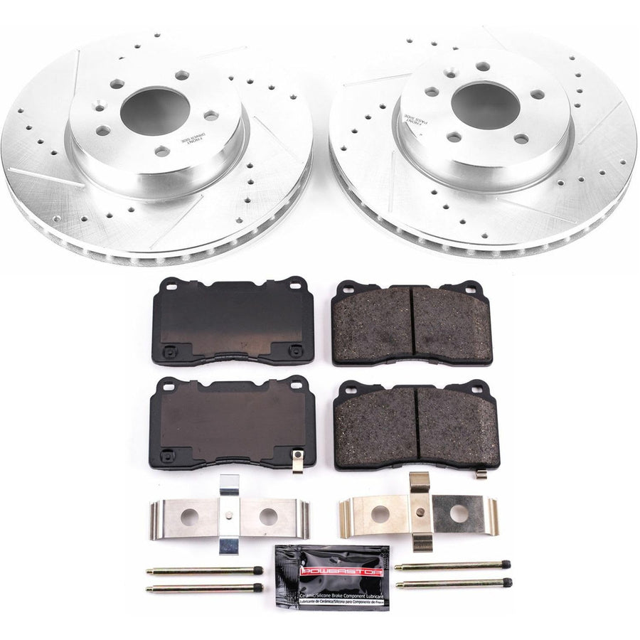 Power Stop K6389 Z23 Carbon Fiber Brake Pads Front with Drilled & Slotted Brake Rotors Kit For Cadillac ATS 2013-2018 [Model Specific]
