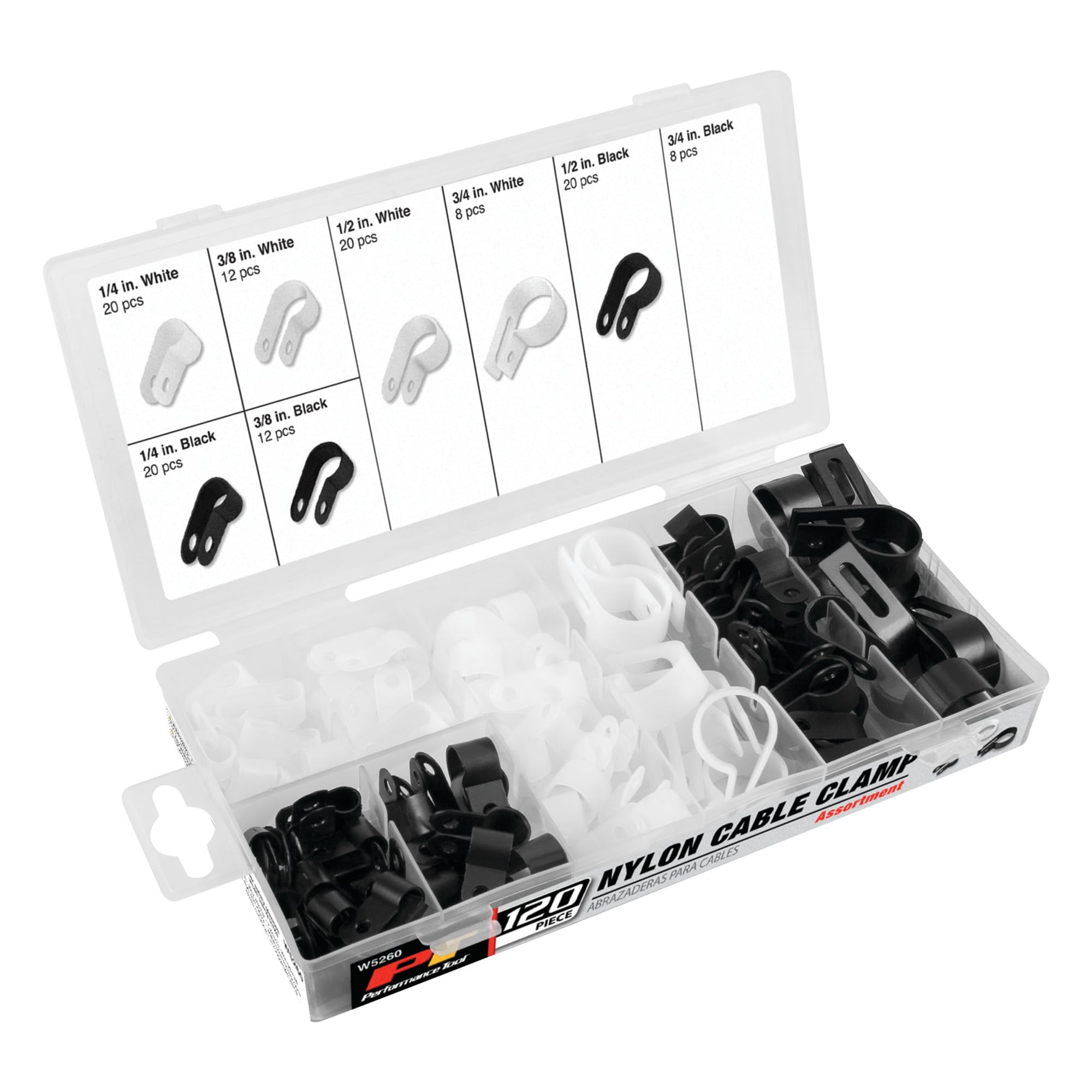 W5260 Performance Tool 120 pc. Nylon Cable Clamp Assortment Kit - Secure and Organize Wires and Cables for Home, Office, and Automotive Use
