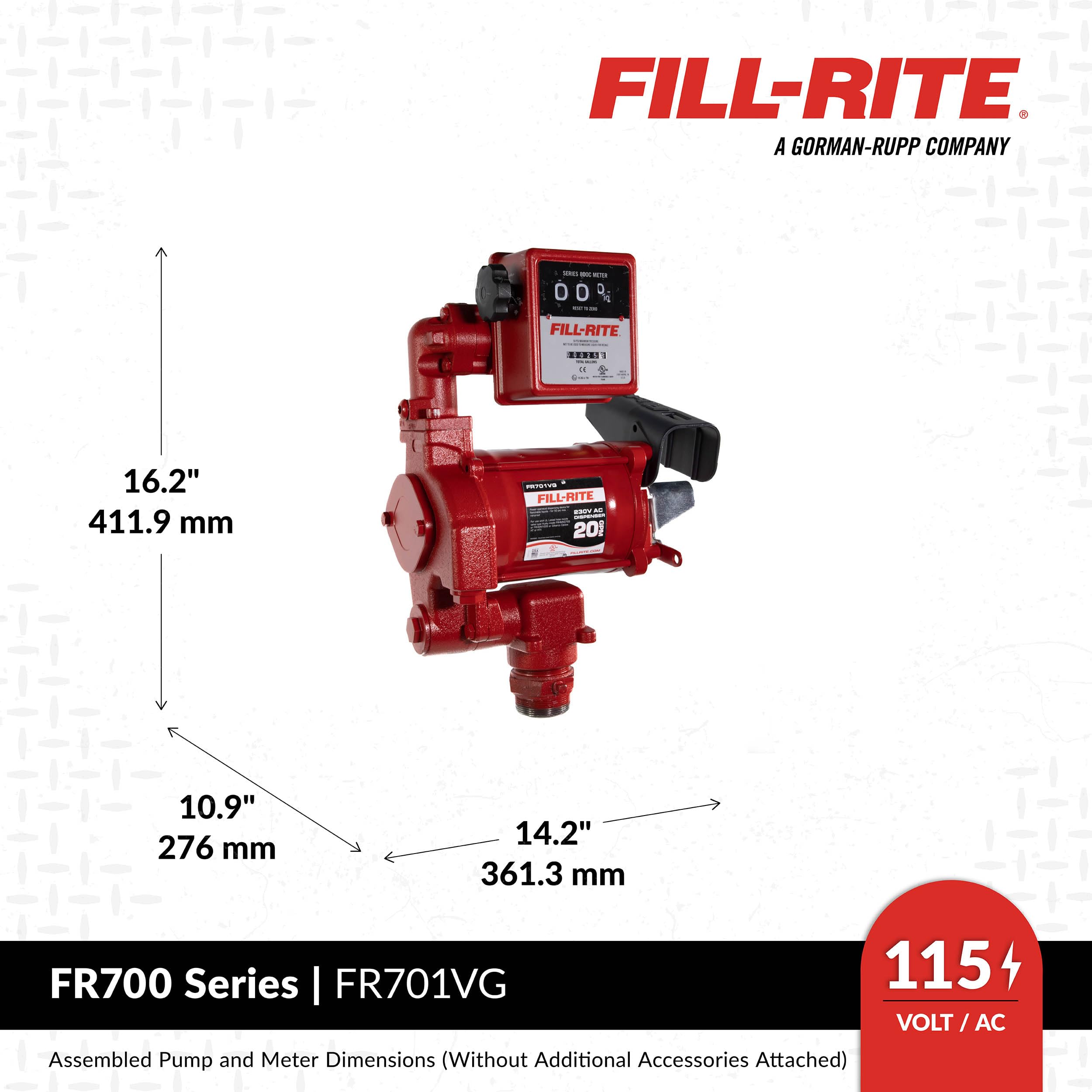 Fill-Rite 220V FR700VG AC Pump, 3/4"x12' Hose, 1" Manual Nozzle