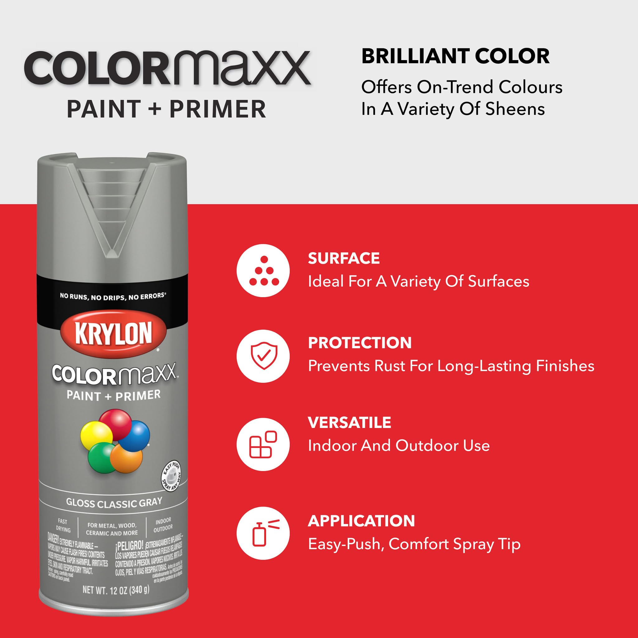 Krylon K05513007 Spray Paint and Primer COLORmaxx for Indoor/Outdoor Use, Gloss Classic Gray, 12 Ounce (Pack of 1)