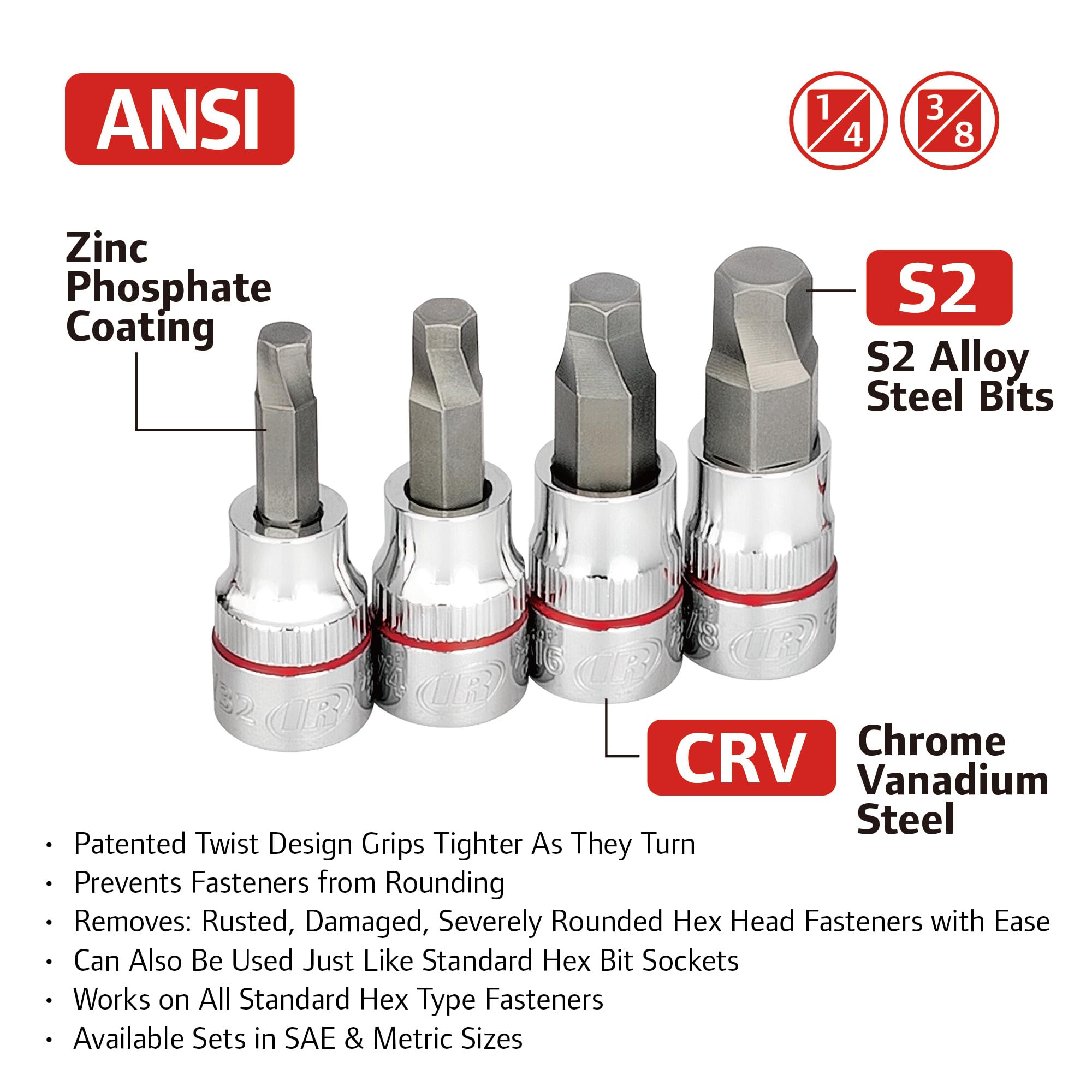 8 Piece Ingersoll Rand SAE Damaged Fastener Remover Set, Hex Bit Socket Kit for Rounded and Stripped Bolts, Thermoform Socket Storage Tray - 752042