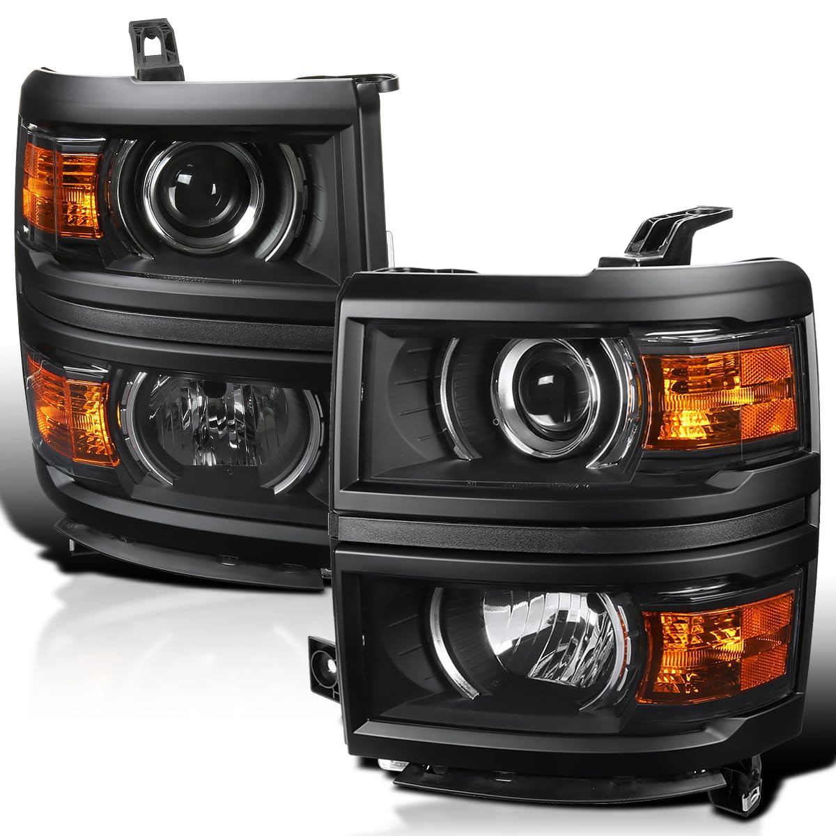 Black Projector Headlights w/Black Trim SPEC-D TUNING Compatible with 2014-2015 Chevy Silverado 1500, Left + Right Pair Headlamps Assembly