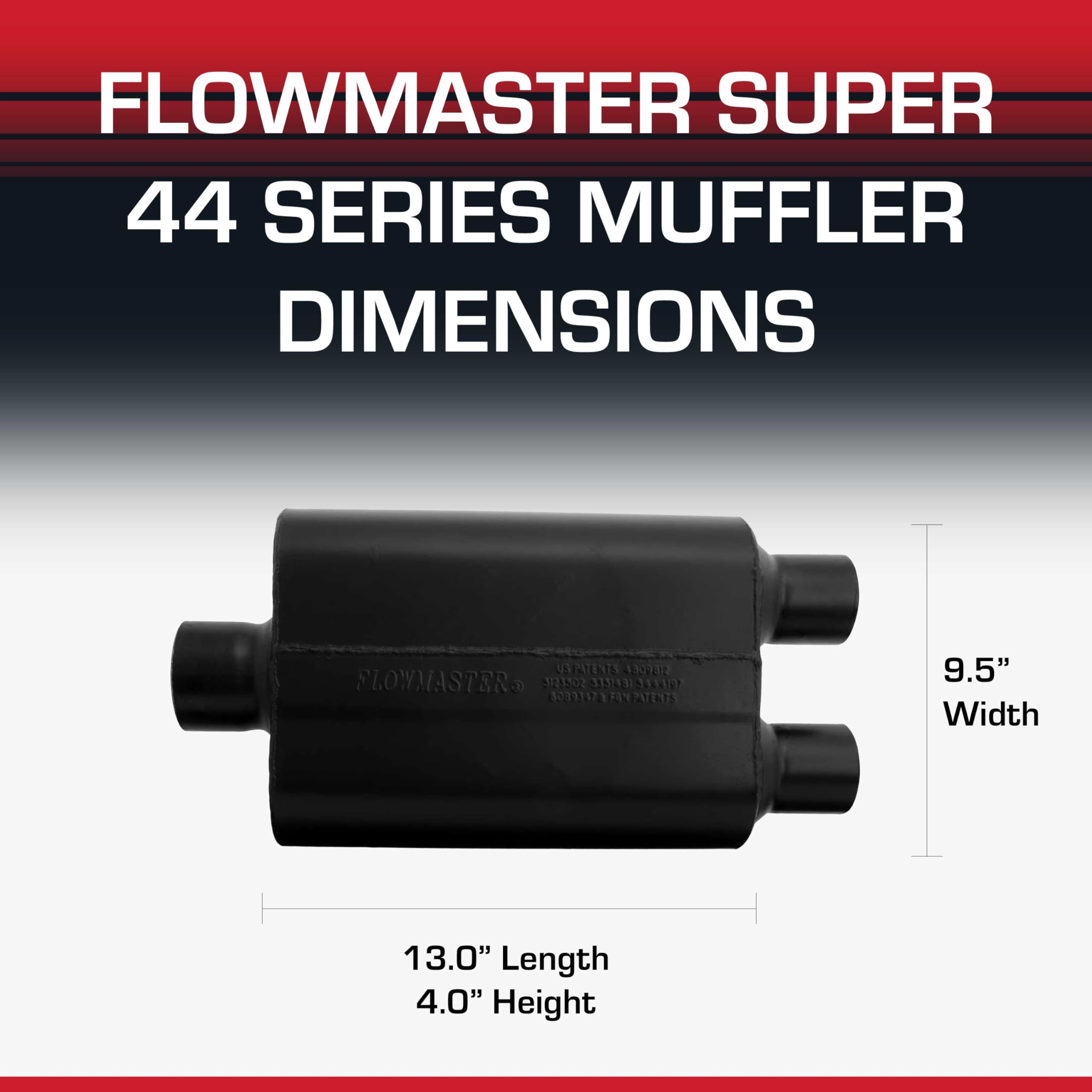 Flowmaster Super 44 Muffler Series – 3.00” - Center In/Dual Out – Aggressive Sound – 16 Gauge Aluminized Steel – For Classic & Late Muscle Cars, Street Rods, Trucks, SUVs (9430452)