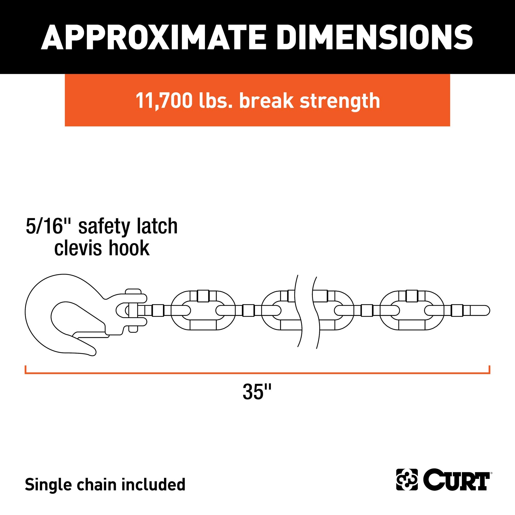 CURT 35-Inch Trailer Safety Chain with 5/16-In Clevis Snap Hook, 11,700 lbs Break Strength