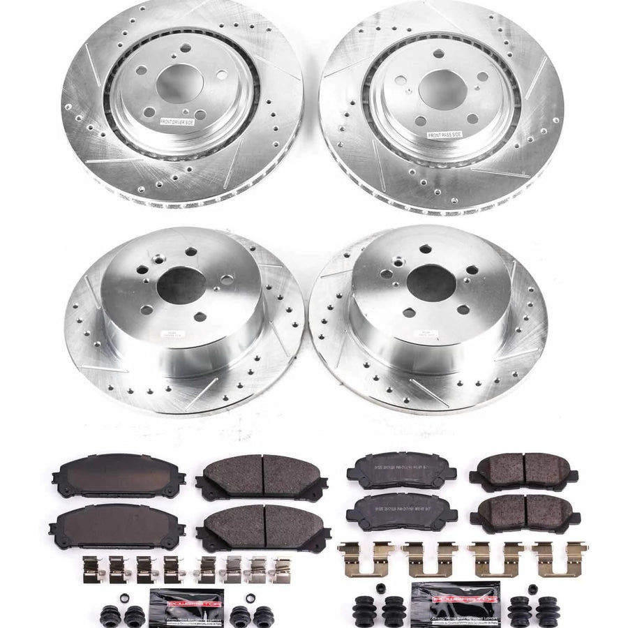 Power Stop K4129 Z23 Carbon Fiber Brake Pads Front and Rear with Drilled and Slotted Brake Rotors Kit For 2008 2009 2010 2011 2012 2013 Toyota Highlander