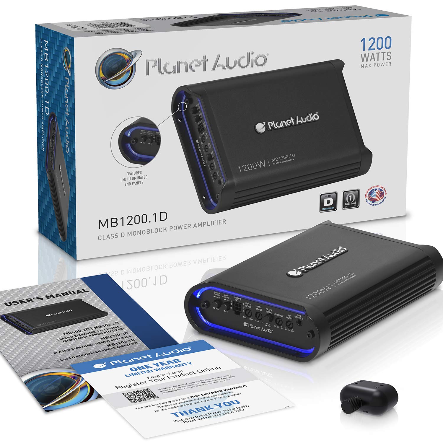 Planet Audio Mini Bang Series MB1200.1D Class D Car Amplifier - 1200 High Output, Low/High Level Inputs, Low/High Pass Crossover, Bass for Subwoofer