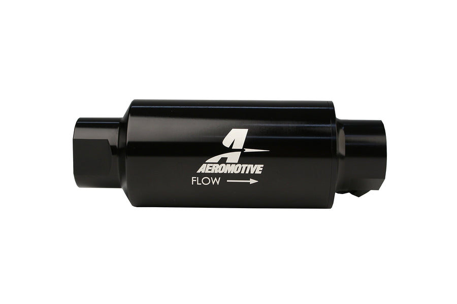 Aeromotive Filter 12333 w/Dual Outlet, 10-Micron Fabric Element, In-Line, ORB10 Inlet/Outlet plus ORB-06 Outlet, Bright-Dip Black, 2" OD