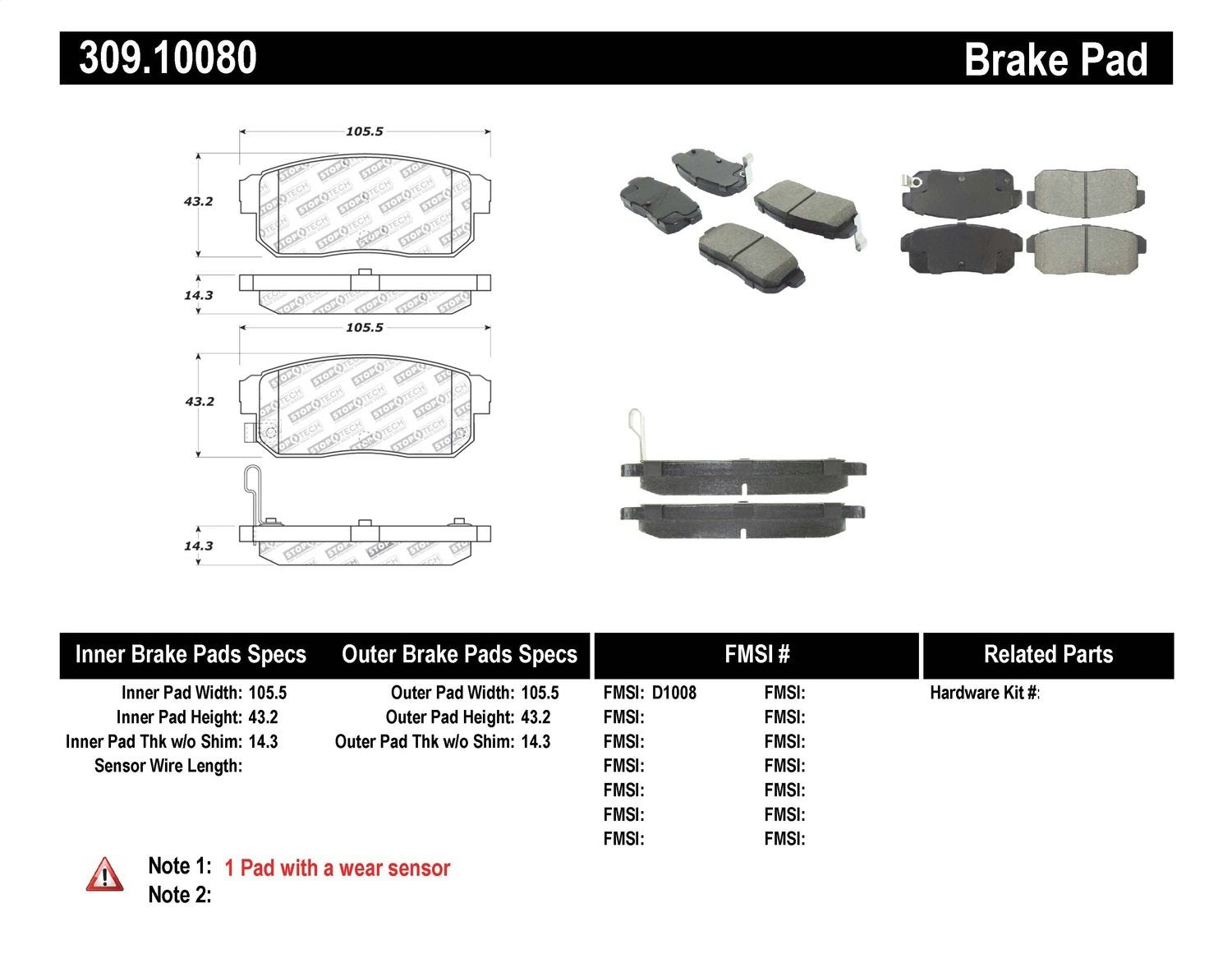 Sport Brake Pads StopTech 309.10080 with Shims and Hardware