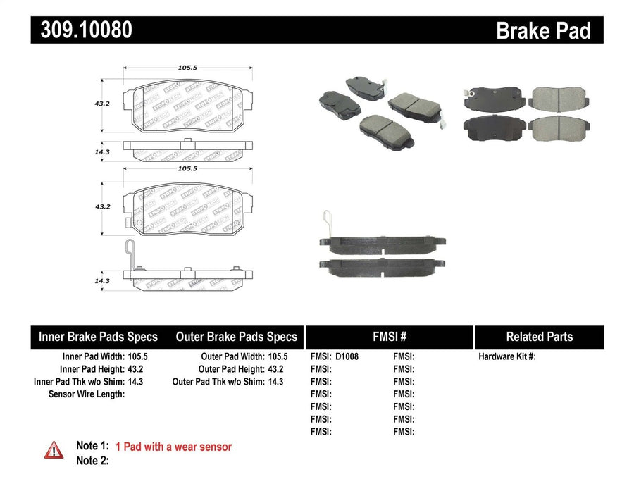 Sport Brake Pads StopTech 309.10080 with Shims and Hardware