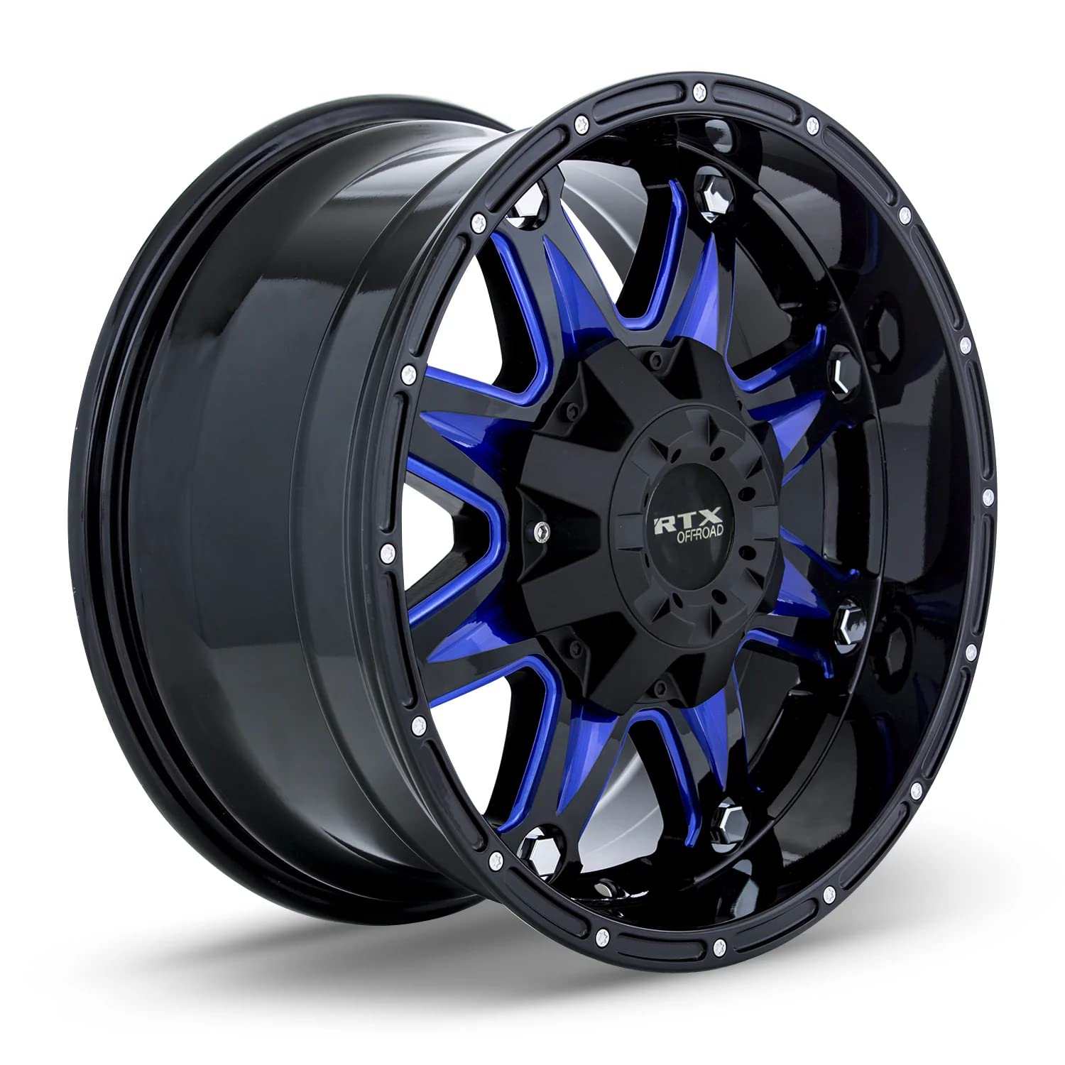 Custom RTX SPINE Wheel - 17x9, 10 Offset, 6x139.7 Bolt Pattern, 87.1mm Hub - Gloss Black with Blue Accents Rim