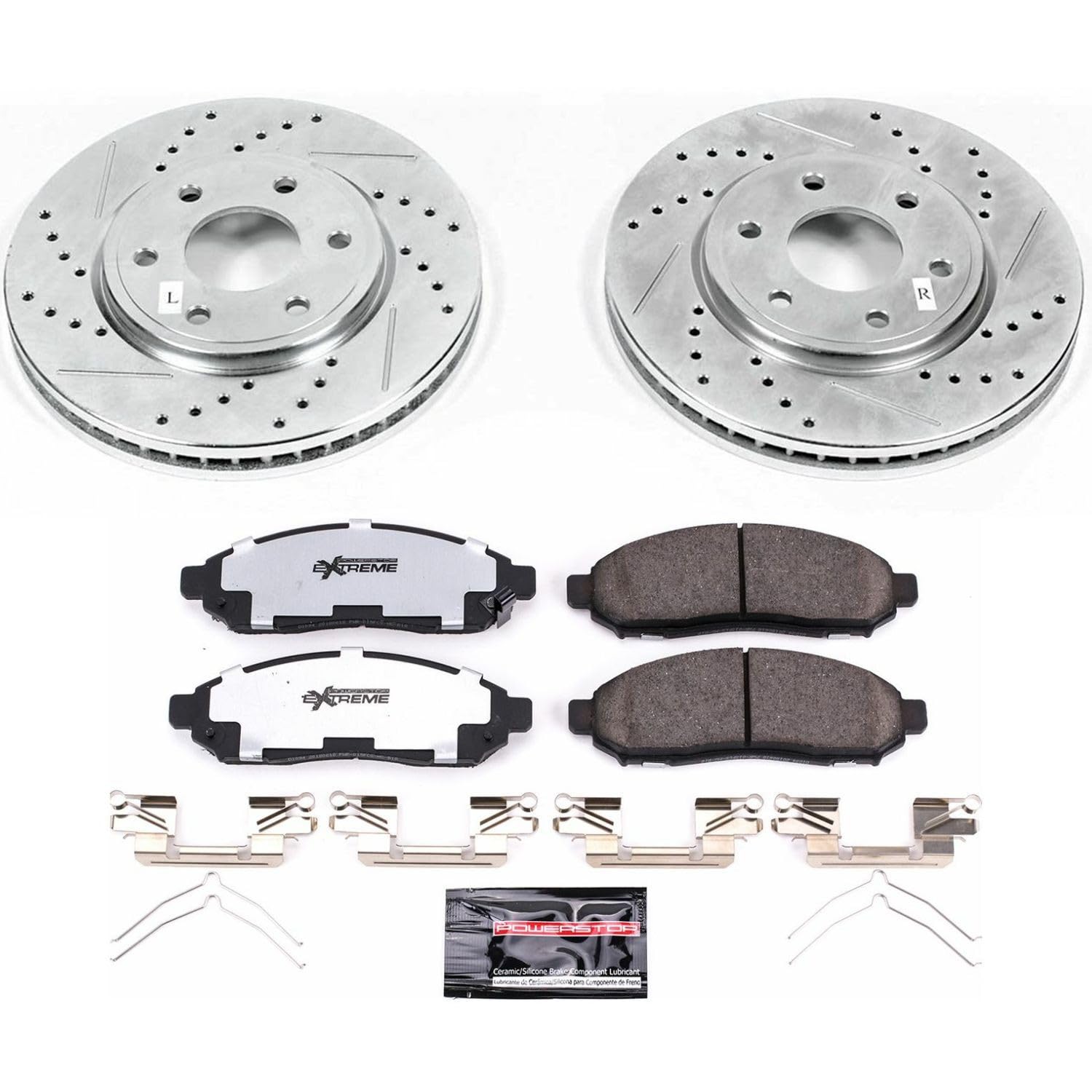 Power Stop Front Brake Kit For 2005 2006 2007 2008 2009 2010 2011 2012 2013 2014 2015 Nissan Frontier - Carbon Fiber Ceramic Brake Pads & Truck & Tow Drilled and Slotted Rotors Replacement, K4611-36