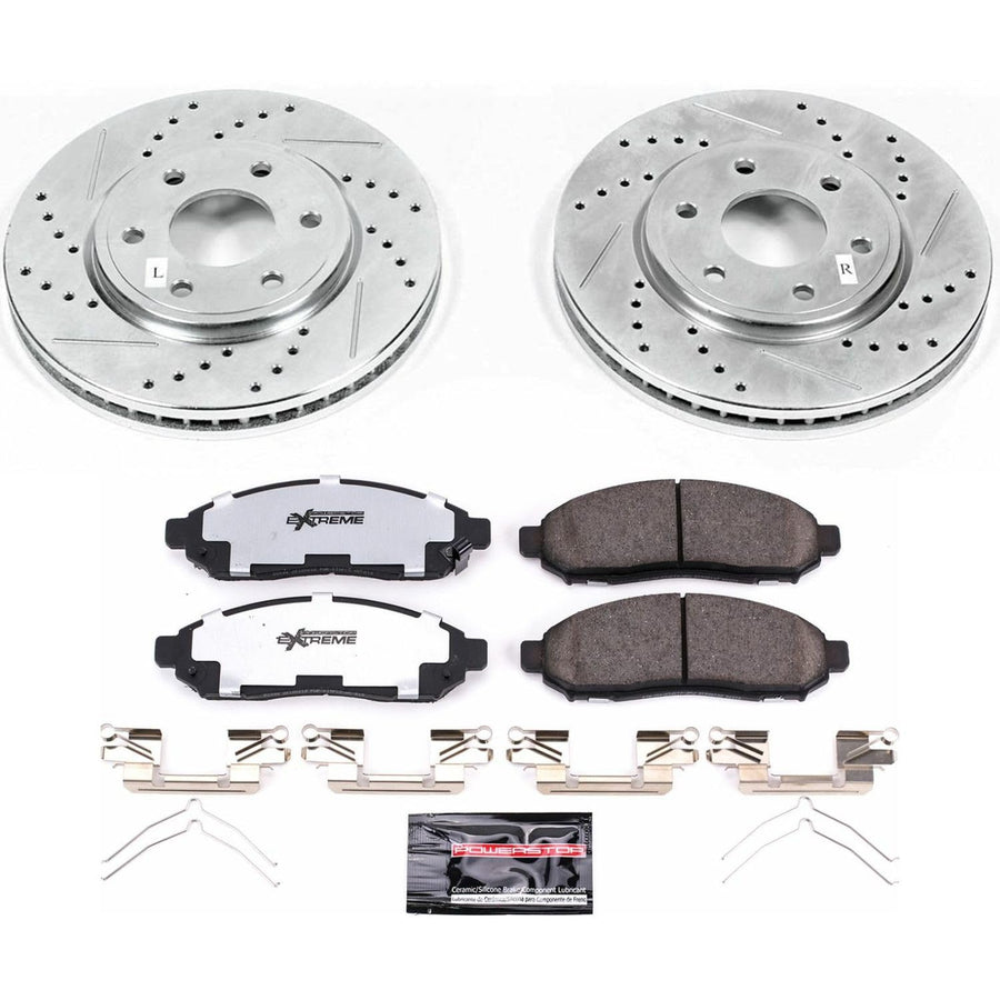 Power Stop Front Brake Kit For 2005 2006 2007 2008 2009 2010 2011 2012 2013 2014 2015 Nissan Frontier - Carbon Fiber Ceramic Brake Pads & Truck & Tow Drilled and Slotted Rotors Replacement, K4611-36