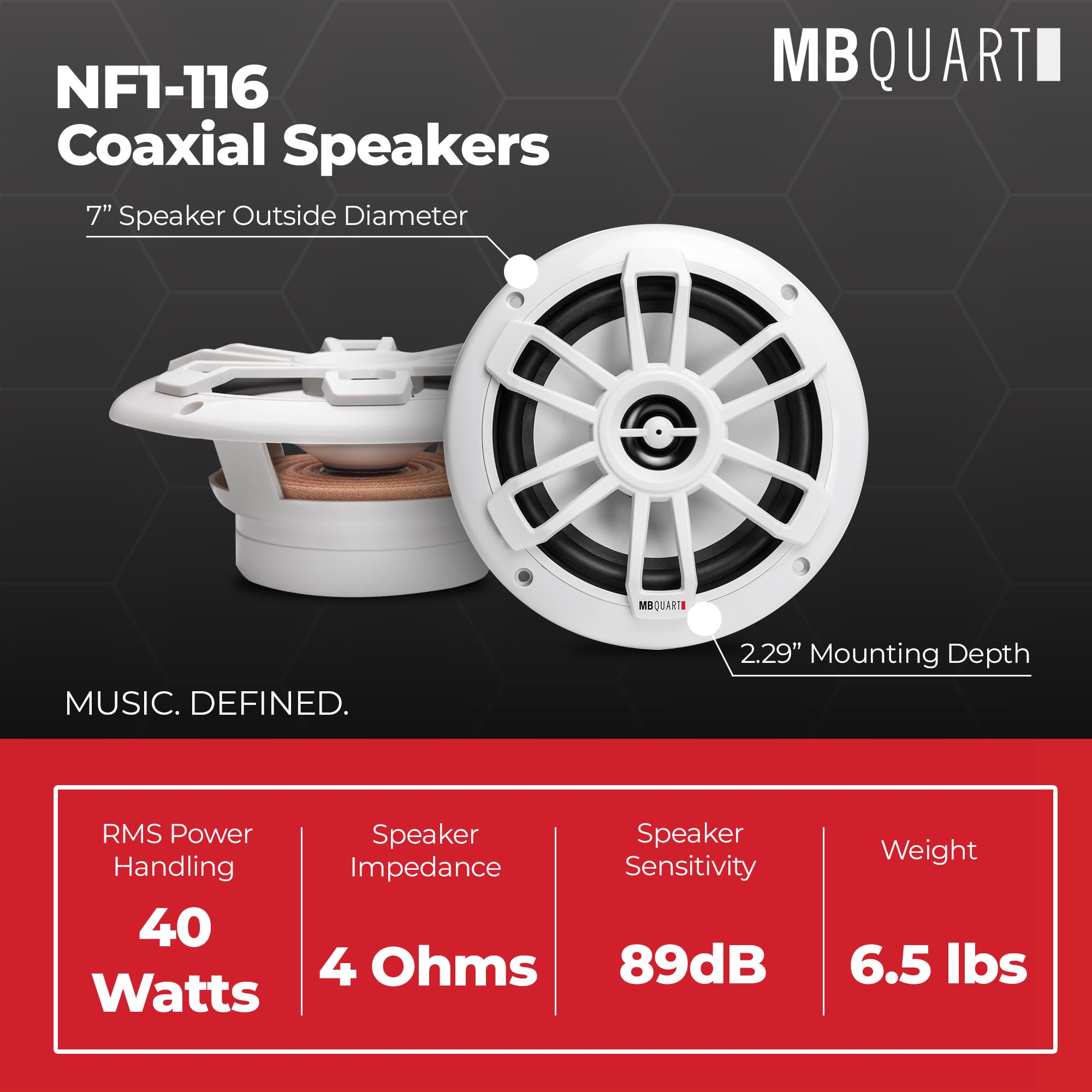 MB Quart Nautic Series NF1-116 Marine Coaxial Speakers 6.5 Inch, 80-Watt Waterproof, Rust-Resistant for Boats, RVs, Outdoor Use - White - Professional Grade - Heavy Duty