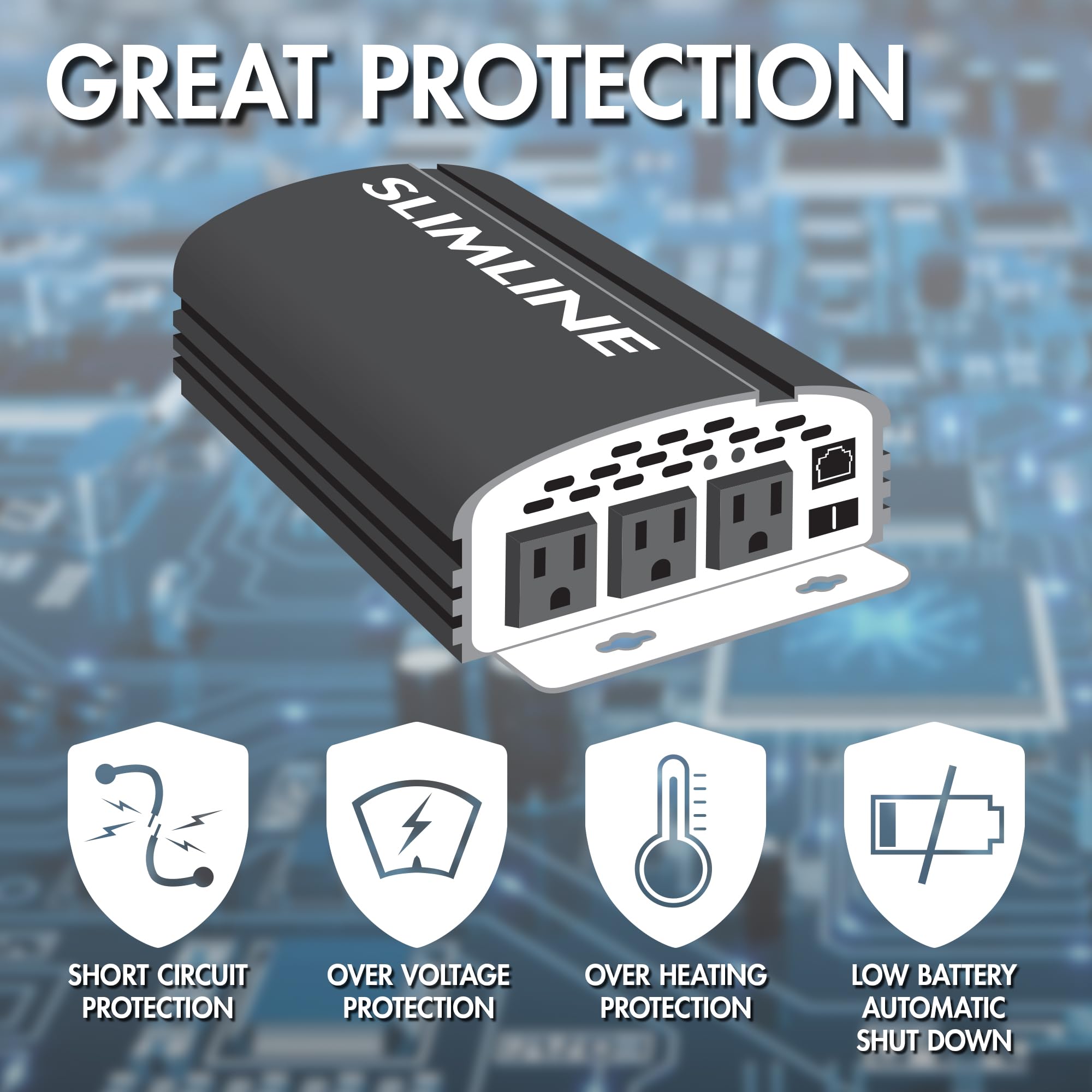 2000W Wagan Slim Line AC to DC Power Inverter 2000W TrueRated Continuous 4500W Surge Power DC 12V to AC 110V Power Inverter with 3 AC Outlets and 2A USB Charging Port