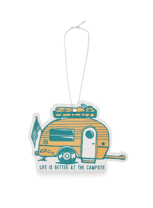 Camco Air Freshener Life is Better at The Campsite - Features Along the Shore Fragrance & Elastic Cord - Use in the Car or RV & Camper - Features Retro RV Design (53363)