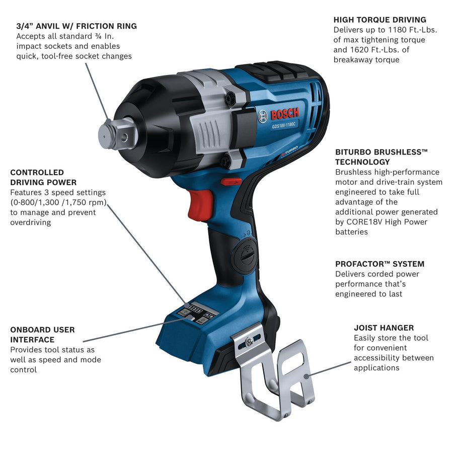 BOSCH PROFACTOR GDS18V-1180CN 18V Connected-Ready 3/4 In. Impact Wrench with Friction Ring and Thru-Hole (Bare Tool)