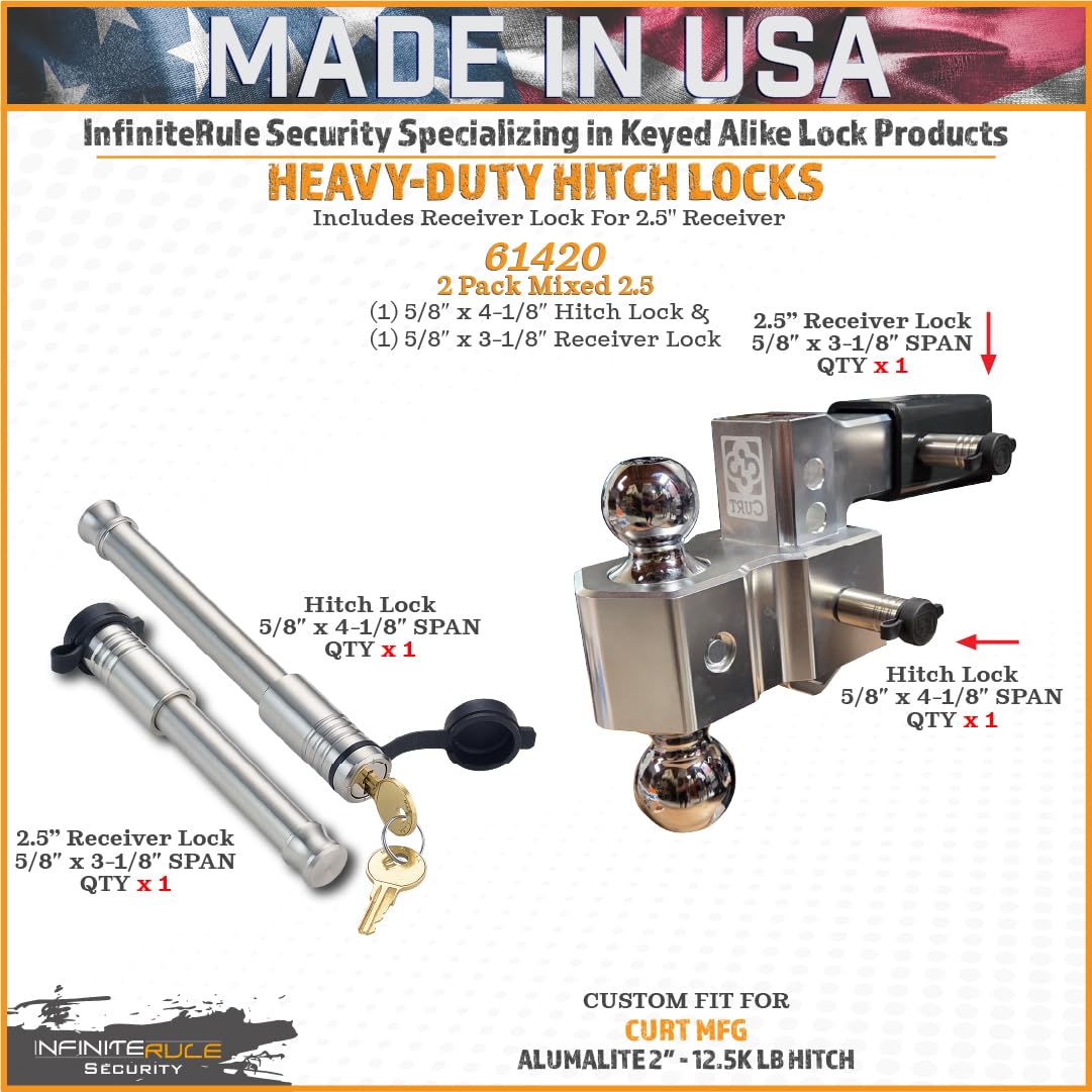 2 Pack Mixed 2.5, Keyed Alike, Hitch Lock for Adjustable Curt Alumalite Hitch 2" 12.5K LB - Includes Lock for 2.5" Receiver