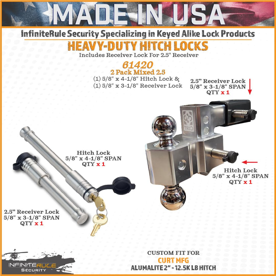 2 Pack Mixed 2.5, Keyed Alike, Hitch Lock for Adjustable Curt Alumalite Hitch 2" 12.5K LB - Includes Lock for 2.5" Receiver