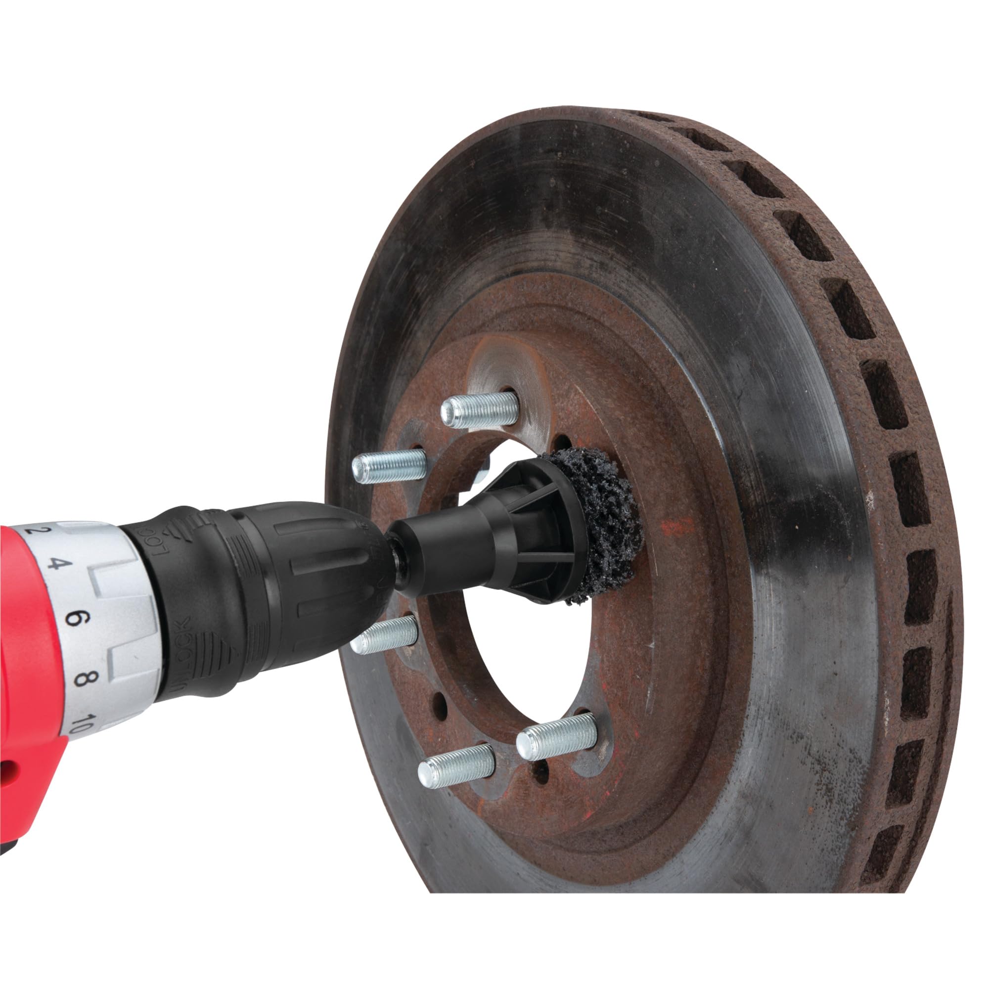 W80105 Performance Tool Wheel Hub Resurfacing Kit - Quick Rust Removal for Lug Studs and Rotors, Fits Power Drill, Includes Holder and 5 Pads