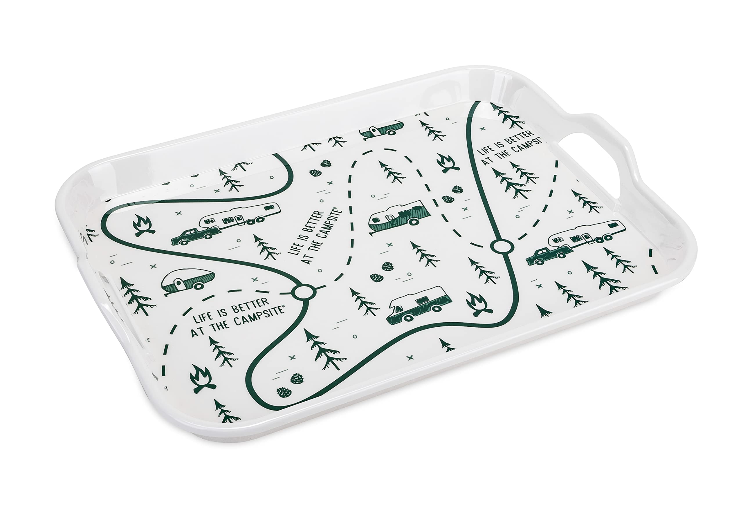 Camco Melamine RV Serving Tray is Better at The Campsite - Features RV & Map Themed Design - Great for Kitchen Prep, Picnics, Grilling, and More - Serving Platter is Dishwasher Safe (53488)